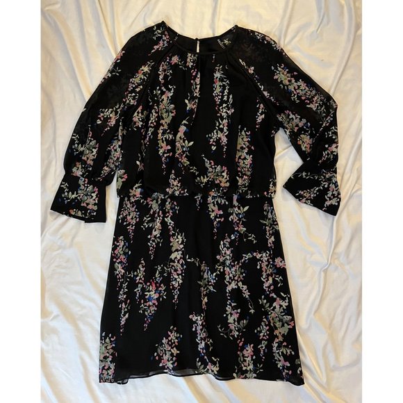 $320 Reiss UK 14 US 10 Roma Mini Dress Blouson Black Watercolor Floral Pink - Picture 4 of 7